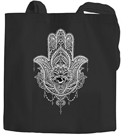 Jutebeutel Hamsa Fatimas Hand Mandala Boho Bohamian Ethno Tribal Ornament Baumwolltasche Stoffbeutel Autiga® schwarz 2 lange Henkel