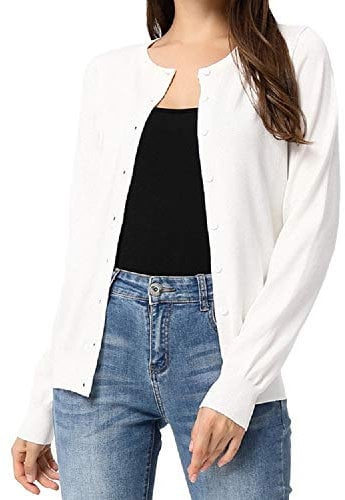 GRACE KARIN Ladies Long Sleeve Button Down Lightweight Short Cardigan Crew Neck Spring Casual Knitted Sweater L White