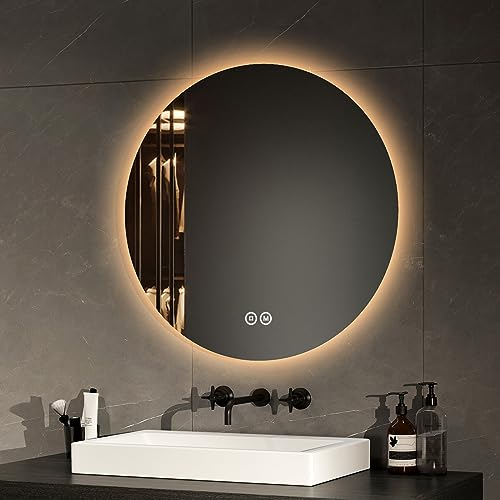 EMKE Badspiegel mit Beleuchtung Rund 60cm Badezimmerspiegel mit 3 Lichtfarbe dimmbar, Touch, Speicherfunktion Energiesparend Badezimmerspiegel Wandspiegel rund