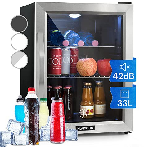 KLARSTEIN Beer Fridge, Glass Mini Fridge for Bedrooms, Food, & Drinks, Small Wine Cooler, Glass Door Drinks, 33L Table Top w/Removable Shelves, Indoor/Outdoor Home Bar Storage
