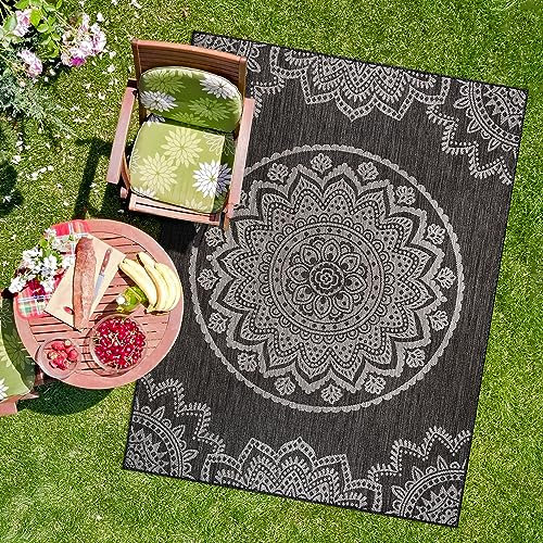 CAMILSON Outdoor-Teppich, 20,3 x 25,4 cm, moderner Teppich für Innen- und Außenbereich, Terrassen und Veranden, wasserdicht, fusselfrei, leicht zu reinigen, Außenteppich (20,3 x 25,4 cm, Medaillon -