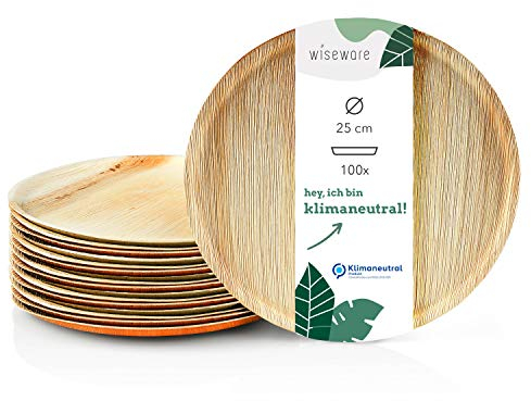 Wiseware Palmblatt Pizza Teller - 100 Stück Einweg Pizzabrett - rund flach Ø 25 cm - biologisch abbaubares Palmblattgeschirr - kompostierbares Partygeschirr - Bio Einweggeschirr (100, Ø 25 cm)
