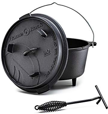 FLAME ROCK Dutch Oven 9.0, traditioneller, gusseiserner Feuertopf mit 7,85 Liter Fassungsvermögen, bereits eingebrannt pre seasoned, extrem hitzebeständig, inklusive Deckelheber