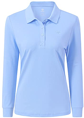 AjezMax Damen Sports Poloshirt Langarm Piqué-Polo Baumwolle Polohemd Atmungsaktiv Basic Golf Polo Shirt Large Blau