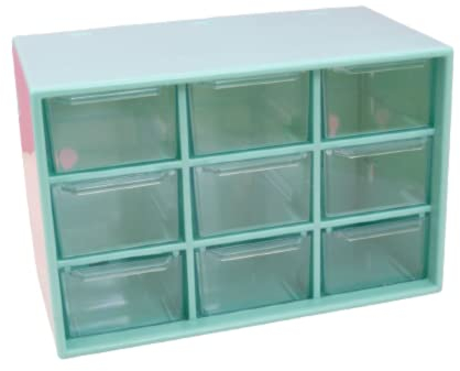 Craftelier - Organizer con 9 cassetti per l'organizzazione di materiali per scrapbooking e artigianato | Colore turchese e trasparente - Dimensioni organizer 18 x 9,8 x 11,8 cm e cassetto 5 x 3 x 8 cm
