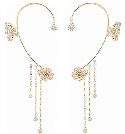 NBZZ Schmetterling Quaste Ohrringe Glänzender Zirkon-Schmetterlings-Ohrclips Lange Blumen-Quasten-Ohrringe Frauen Ohr Knochen Clip Kein Piercing Ohrclip (Gold-2pcs)