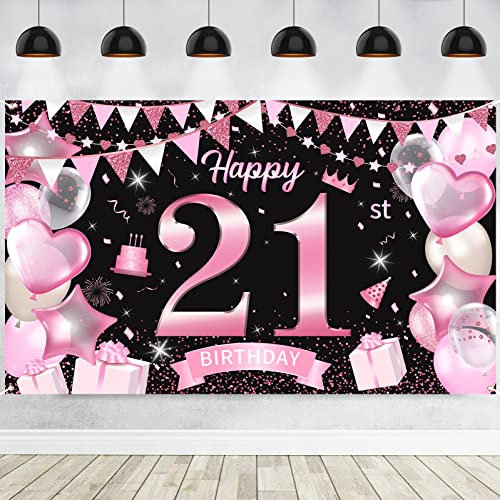 21st Birthday Decorations Banner for Her, Rose Gold and Black Happy 21st Birthday Banners Backdrop, Fabric 21st Birthday Sign Background for Women Girls Birthday Party Celebration Supplies, 185×110cm