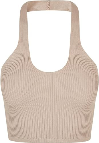 Urban Classics Damen Ladies Rib Knit Crossed Neckholder Top T-Shirt, lighttaupe, 3XL