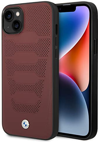 CG MOBILE BMW Phone Case for iPhone 14 Signature Collection in Burgundy Perforated Seats, Real Leather Protective & Durable Case with Easy Snap-on, Shock Absorption & Signature Logo