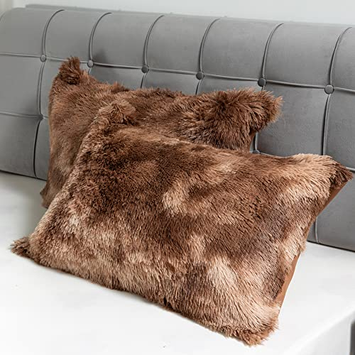 Michorinee 2er Set Flauschige Zierkissenbezüge 40 x 80 cm Tie Dye Gedruckt Taupe Dekokissen Langhaar Kunstfell Zierkissen Dekorativ SofaKissenbezug Fellimitat Kissen Kissenbezug