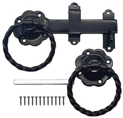 Infinity Decor 6” 150mm Heavy Duty Twisted Ring Gate Latch Catch Lock Set in Epoxy Black Finish for Garden Gate, shed Door, Barn, Garage Gates