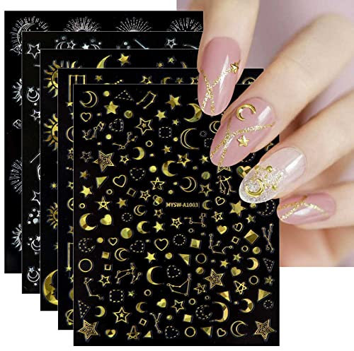 JMEOWIO 12 Sheets Aurora Holographic Moon Star Nail Art Stickers Decals Self-Adhesive Colorful Nail Supplies Nail Art Design Decoration Accessories