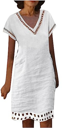 AMhomely Ladies Summer Dresses Women Casual Loose Dresses Short Sleeve V Neck Shift Dress Linen Mini Dress Holiday Dailywear Beach Sundress Ladies Dresses Size 16 1 White