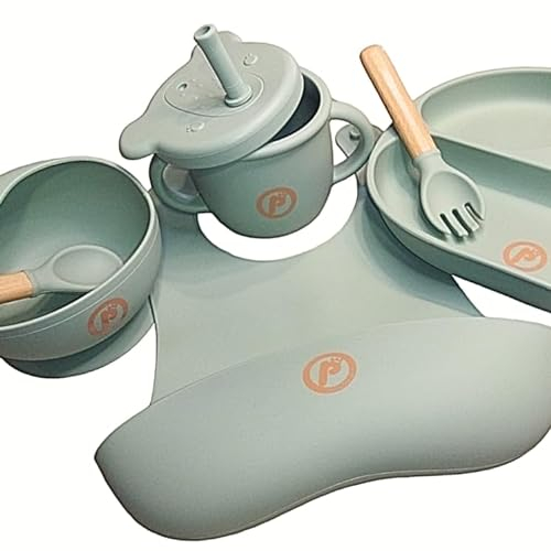 Popetes Kids- Vajilla completa de silicona para bebe, 6 piezas libre de BPA y otros tóxicos- Incluye set de platos cubiertos babero y vaso infantil para alimentación del bebé. Ideal para regalo.