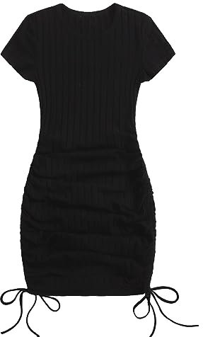 GORGLITTER Black Dress for Women UK Rib Knit Drawstring Side Bodycon Mini Dress Ruched Pencil Short Dresses S