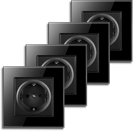 CNBINGO Lot de 4 prises Schuko encastrées avec griffes - Prise simple - Vitre en verre trempé - Contact de protection noir - Prise murale - 1 compartiment - 16 A - 250 V