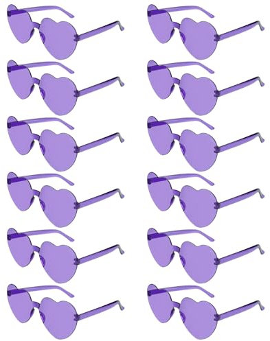 NACHLYNN 12 Pcs Purple Heart Shaped Sunglasses - Transparent Candy Color Rimless Sunglasses for Women, Party Favors