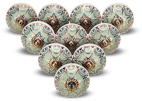 FURNISHFUL FINESSE Ceramic Gold Knobs for Cabinets Assorted Green Cupboard Door Knobs 6 Piece Kitchen Cabinet Konbs Furniture Pull Handles for Dresser Wardrobe Home Interior Décor - Pack of 06, Green