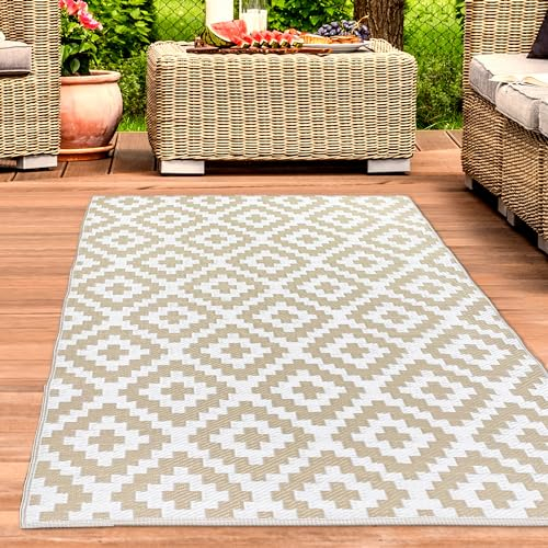 CARPETIA Außenteppich Outdoor-Teppich wetterfest wasserabweisend Campingmatte Picknickmatte Plastik Garten Terrasse Boho beige 120 x 170 cm