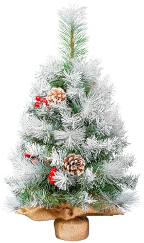 Weihnachtsbaum mit Schnee klein, Uten Tannenbaum geschmückt mit Tannenzapfen und rote Beeren, Zementbasis, Weihnachtsdeko, Geschenk