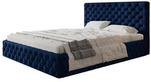AlpiMeble Polsterbett Miami Slim mit Kopfteil, 180 x 200 cm, Doppelbett mit Bettkasten und Lattenrost aus Holz, Farbe: Dunkelblau, Velourestoff
