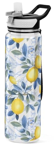 CHIFIGNO Watercolor Zitronen-Wasserflaschen, Sport-Wasserflaschen mit Strohhalm und Griff, auslaufsicher, BPA-frei, schlanke Wasserflaschen für Fitness, Fitnessstudio, Outdoor, 1000 ml