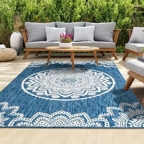 homeart Outdoor Rug - Easy-Clean, Durable, Stain-Resistant, Weather & UV Resistant Indoor & Outdoor Rugs for Porch, Deck, Balcony, Garden, Picnic and Patio | Mandala Blue, Cream - 180x270cm