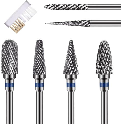 6 Stück Wolframcarbid Nagelfräser Bits mit Reinigungsbürste, 3/32 Zoll Professioneller Nagelfräser Aufsätze Schleifköpfe Hartmetall Maschine für Maniküre entfernen Acryl oder Hartem Polygel