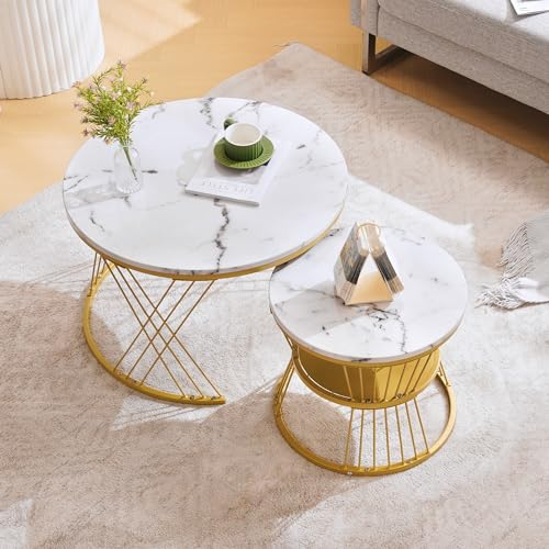Merax Couchtisch 2er Set, Hochglanz Wohnzimmertisch mit Stauraum, Coffee Table für Wohnzimmer, Balkon, Metallgestell, Gold und Weiß