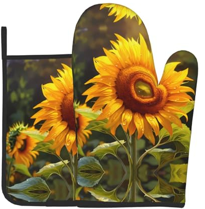 YYHWHJDE Set di 2 guanti da forno e presine con immagine di girasole per aprire i coperchi delle pentole in cucina