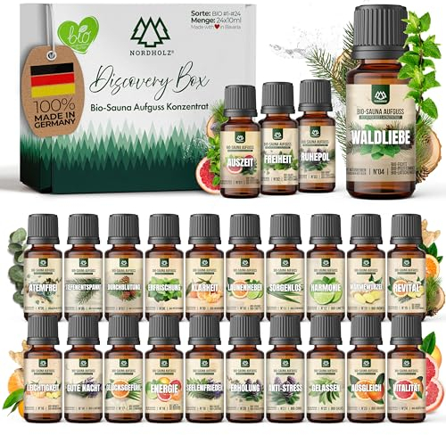 NORDHOLZ® Saunaaufguss [24x15ml] - Sauna Aufgussmittel [Geschenk Set] besonderer & natürlicher Sauna Duft für intensive & erholsame Momente (Bio-Discovery Box #1-#24)