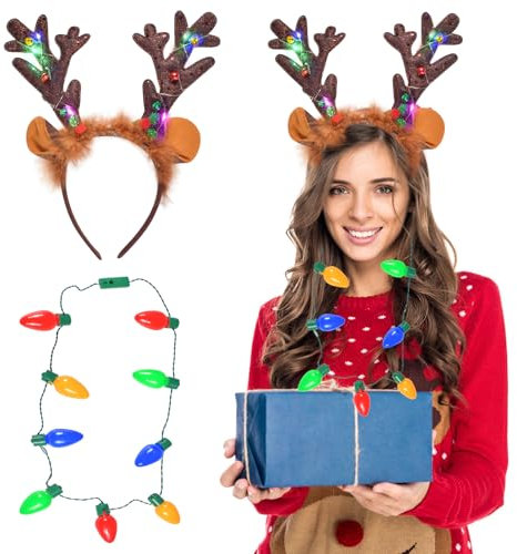 Forhome Weihnachtsgeweih-Kopfschmuck, Blinkendes Weihnachtliches Haarband, mit LED Glühbirnen Halskette, Geeignet für Weihnachtsfeiern, Kostümdekoration, Party Geschenke
