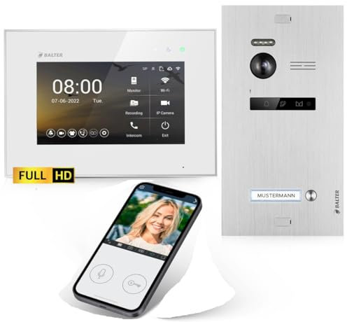 SCHUTZER Balter EVO-HD Video-Türsprechanlage für 1 Familienhaus, 7 Touchscreen Monitor 175° Weitwinkelkamera, Nachtsicht, 2-Draht-Technologie (Weiß/Silber mit Wi-Fi, 1 Monitor)