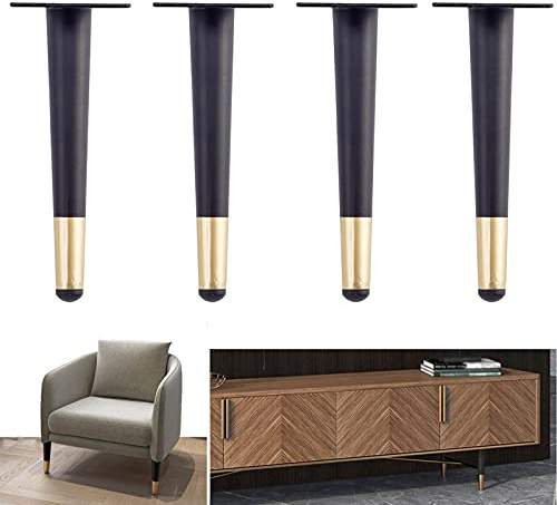 Lot de 4 pieds de rechange en forme de cône en fer avec vis - Noir et doré - 35 cm - Pour canapé, armoire, table de salle à manger, bureau