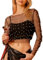 LYSINK Women Sheer Mesh Pearl Top Sexy See Through Slim Fit Crop Top Long Sleeve Crew Neck Cover Up Party Clubwear (A-a-Black, L)