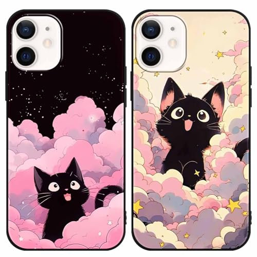 Yimctoie 2 Stück Handyhülle für iPhone 12/iPhone 12 Pro 6,1,Cute Karikatur Katze Aesthetic Rosa Wolken Sternenhimmel Case,Anime Cat Cartoon Schutzhülle Schwarz Silikon TPU Hülle Stoßfeste Cover