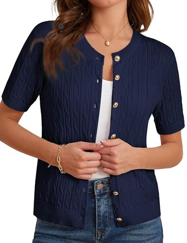 GRACE KARIN Ladies Elegant Summer Cardigan Twisted Knitted Top Short Sleeve Pullover Button Up Cardigans Navy Blue L