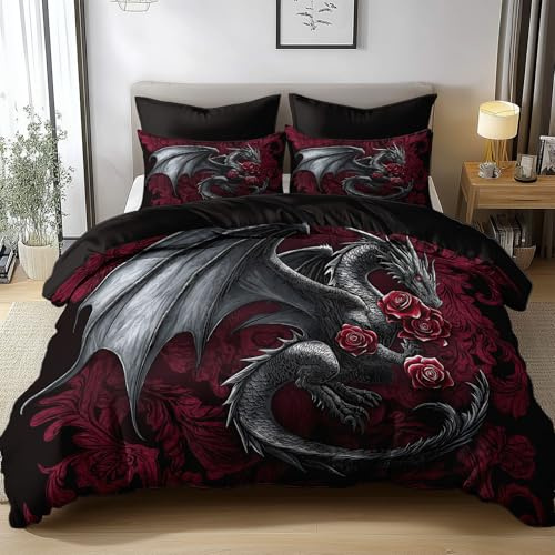 3D Drucken Bettwäsche Set Digitale Kunst Schwarzer Drache Rose Bettbezug 135x200cm Weich Bequem Atmungsaktiv Hypoallergen Mikrofaser Bettbezüge Und 2 Kissenbezug,Geeignet für Jungen Mädchen Kinder