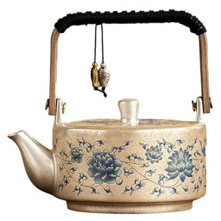 Juego de té plateado con rima azul y blanca, té Kung Fu de cerámica, una olla y dos tazas, maceta con patrón dorado [paquete simple]
