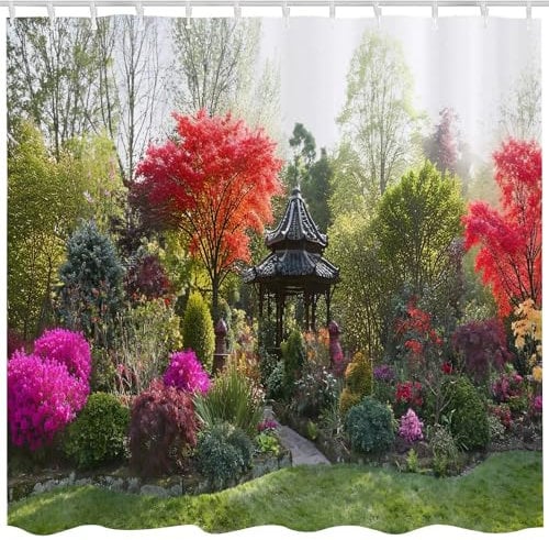 Qucarder 3D Garden View Flowers Trees Shower Curtain Outdoor Nature Scenery Bath Curtain Waterproof Shower Curtains for Bathroom Decor with 12 Hooks 72x72 Inch