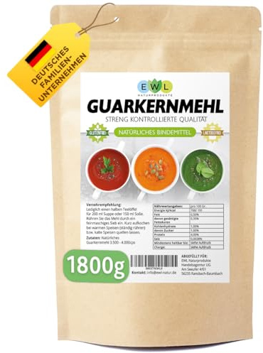 EWL Guarkernmehl 1,8kg | Verdickungsmittel E412 | Eis | Rein | Guar Gum | Natürliches Bindemittel für Suppen & Soßen | Perfekt für Low Carb & vegane Rezepte | Glutenfrei | Hohe Viskosität 3500 cps