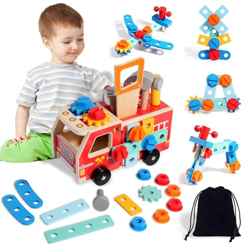 ZUSUZU Werkzeugkoffer Kinder Werkbank Werkzeug LKW,Kinderwerkzeug Werkzeugwagen,Montessori Werkzeug Holzspielzeug Spielzeug Ab 2 3 4 Jahre,2 in 1 Feuerwehrfahrzeug aus Holz Und Werkzeugs Kinder