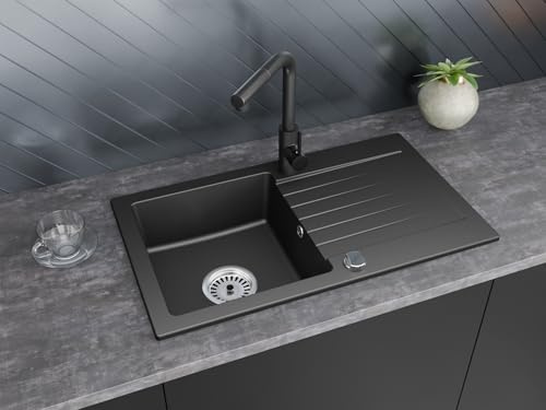 Faizee Granitspüle 75 x 44 cm Schwarz Gesprenkelt – inklusive Armatur Side in Schwarz – eckige Einbauspüle aus Granit – beidseitig montierbar, kratzfest, hitzebeständig – modernes Spülbecken
