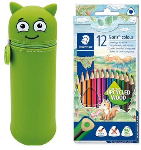 MARKY Federmäppchen im Emoji-Design in Grün, weiches und strapazierfähiges Silikon, inkl. 12 STAEDTLER Buntstifte Noris colour 187, ergonomisches Dreikantformat, Made form Upcycled Wood