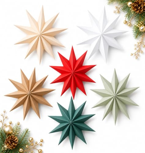 Faltstern Weihnachten, 6 Stück Sterne Weihnachten Deko, Wunderschöne Deko,Hänge-Deko aus Papier,Papierstern Dekoration für Fenster, Advent, Weihnachtsbaum (C)