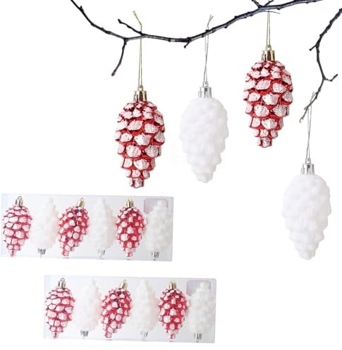 HERZWILD 12pcs Christbaumschmuck Zapfen zum Aufhängen Kunststoff Deko Tannenzapfen Anhänger für den Weihnachtsbaum (weiß rot-B)
