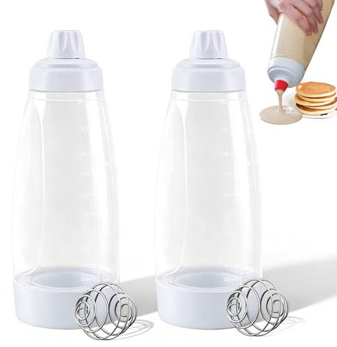 Pancake Batter Dispenser, 2PCS 1000ML Hand Batter Dispenser Mixer Bottle with Stainless Steel Stirring Ball for Cupcake Pancake Crepe Batter