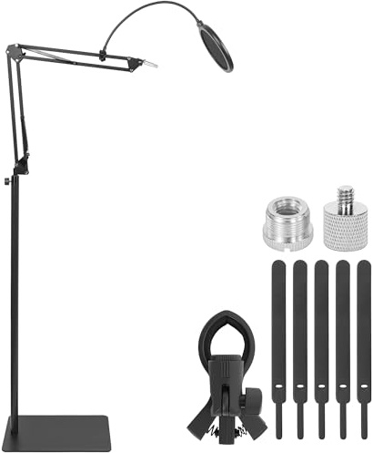 AKOZLIN Mic Stand Floor Boom Arm with Weighted Base | Height Adjustable 15.7-47.2, 3/8 to 5/8 1/4 Screw, Includes Pop Filter, Mic Clip & Cable Ties