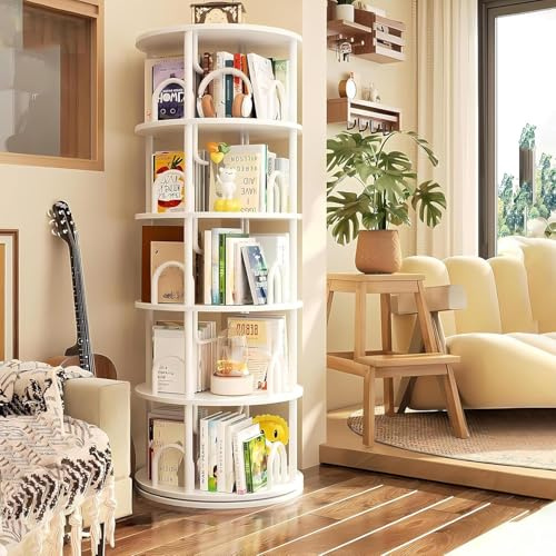 5-Tier Rotating Bookshelf, 360° Corner Spining Bookcase, Round Revolving Book Shelf, Wooden Book Shelf Organizer Display Rack for Bedroom, Living Room, Study, Office, Kids Room (White, 5 Tier)