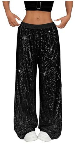 Glitzer Hose Damen Pailettenhose Weites Bein Hose High Waist Glitzerhosen Elegant Lang Freizeithose Frauen Party Festival Club Hosen Glänzende 70er 80er Mottoparty Disco Outfit Clubwear Streetwear
